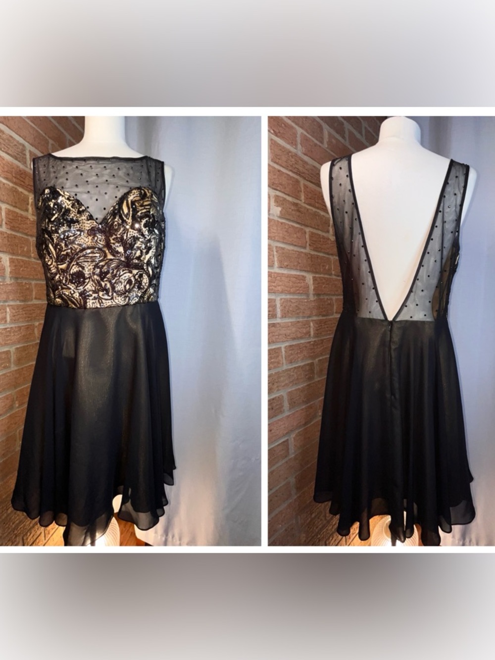 Hannah S Black Gold Sequin Cocktail Dress Backless Swiss Dot Party Cruise 10/12